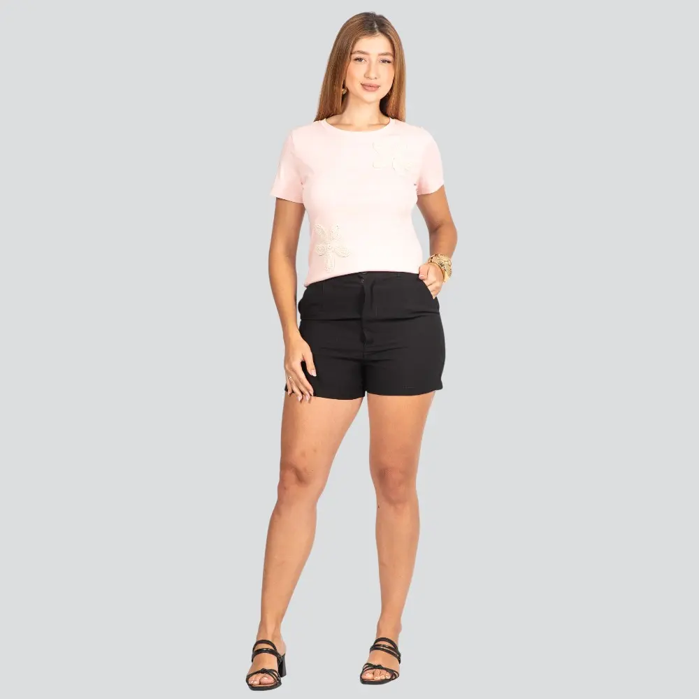 Blusa Feminina Manga Curta Bordado Flor .PF310-24