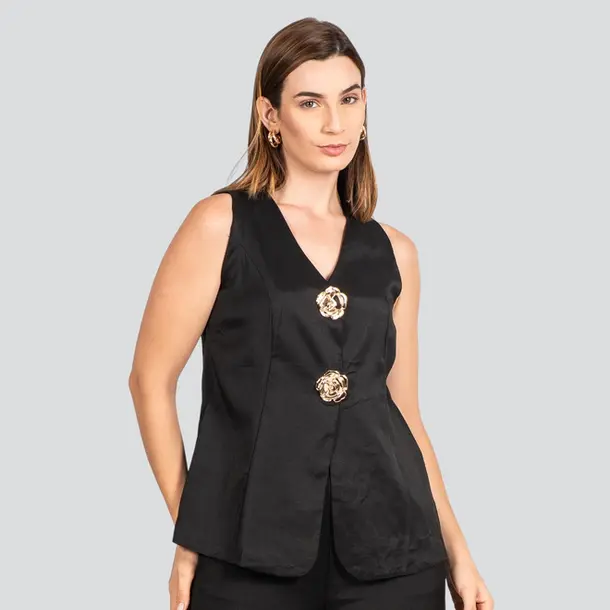 Colete Feminino Alfaiataria com Max Botão .P-662 Preto