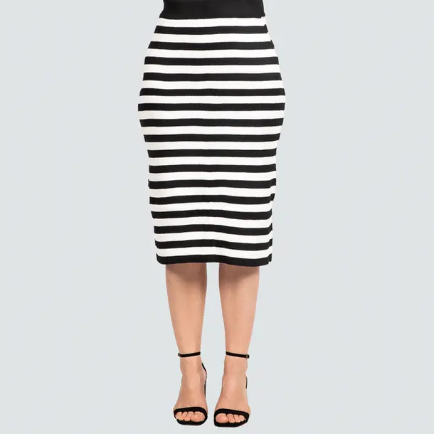 Saia Feminina Midi Tricô Modal Listrada .LW4652S Preto