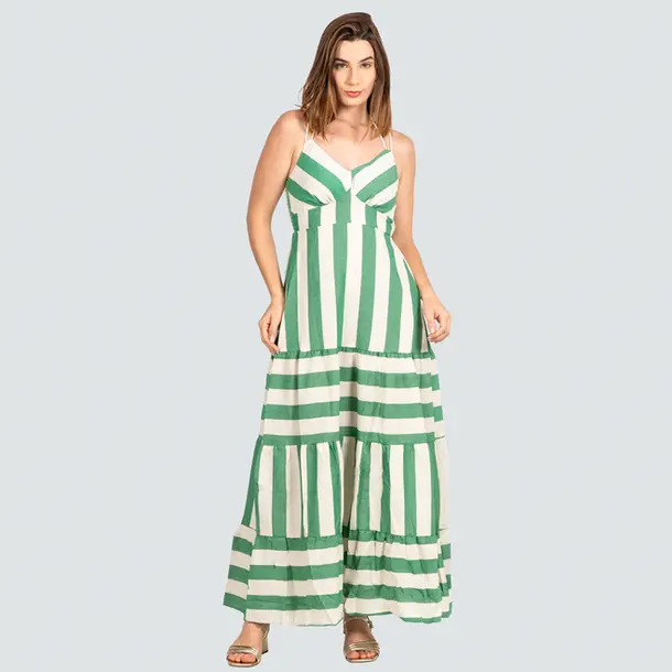 Vestido Longo Feminino Alça com Marias Listrado .P-669 Verde