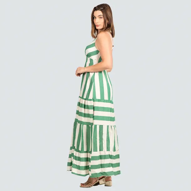 Vestido Longo Feminino Alça com Marias Listrado .P-669 Verde