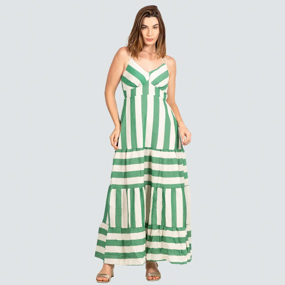 Vestido Longo Feminino Alça com Marias Listrado .P-669