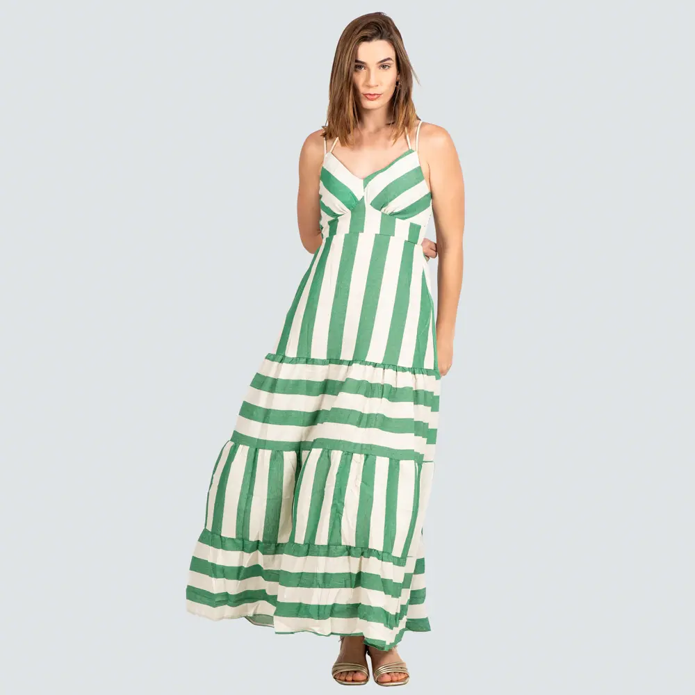 Vestido Longo Feminino Alça com Marias Listrado .P-669