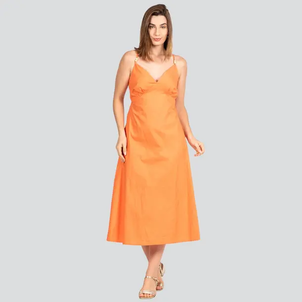 Vestido Feminino Tricoline Alça Fina Midi .VE028 Laranja