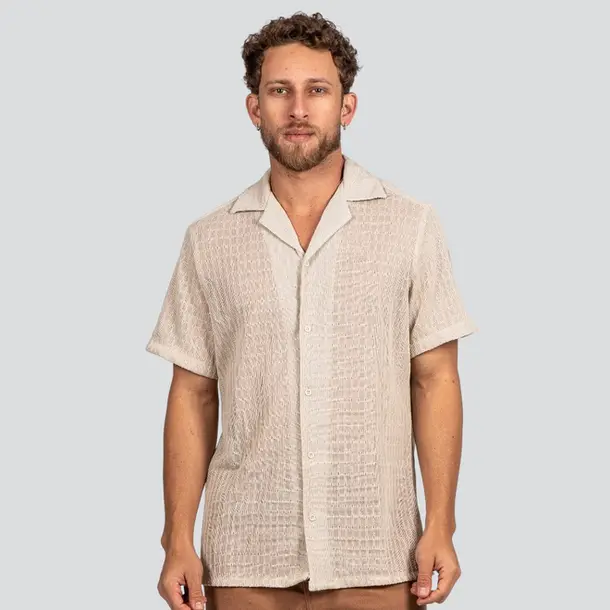 Camisa Masculina Manga Curta Crochet Texturizada .15260010 Palha 