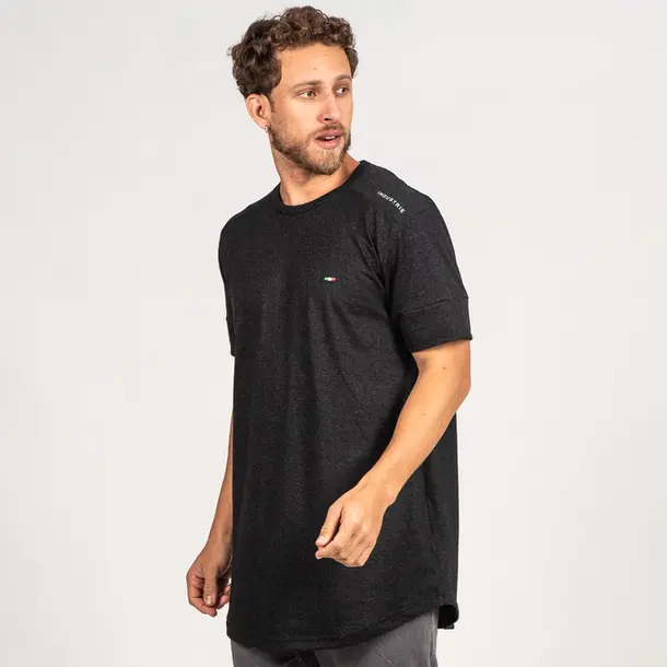 Camiseta Masculina Manga Curta Longline Com Bordado Milano .7040 Mescla Preto