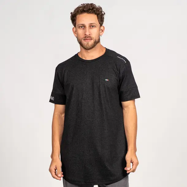 Camiseta Masculina Manga Curta Longline Com Bordado Milano .7040 Mescla Preto