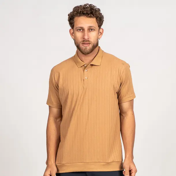 Polo Masculina Manga Curta Texturizada Casual .29081576 Camel