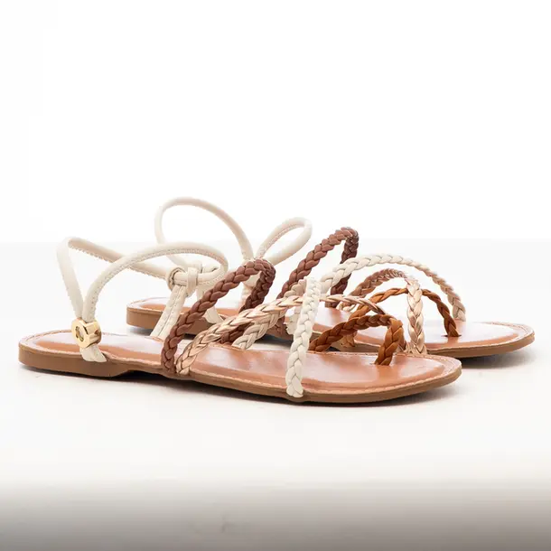Sandália Rasteira Feminina Squizz .1458RRN8 Off White/Caramelo/Cobre