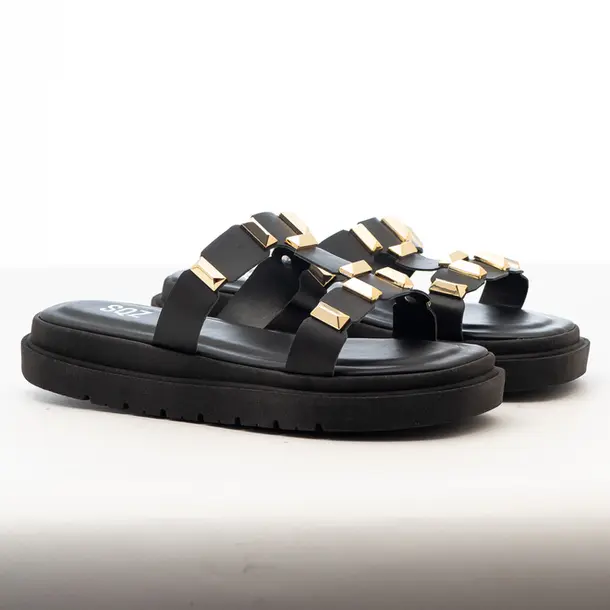Tamanco Flat Feminino Casual com Detalhe Metal .1651THP5 Preto/Ouro Ligth