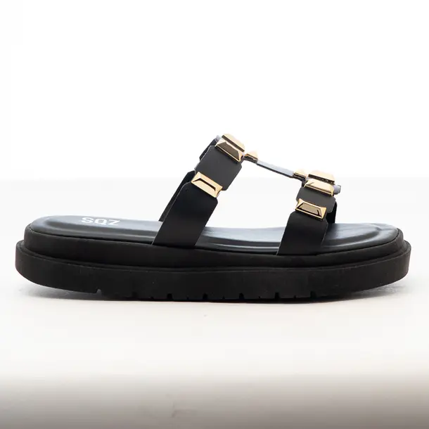 Tamanco Flat Feminino Casual com Detalhe Metal .1651THP5 Preto/Ouro Ligth