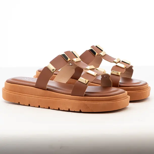 Tamanco Flat Feminino Casual com Detalhe Metal .1651THP5 Whisky/Ouro Ligth
