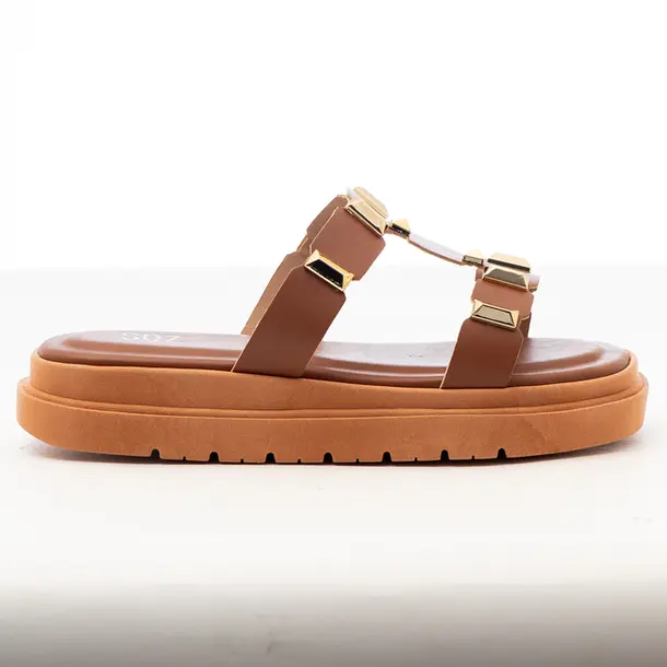 Tamanco Flat Feminino Casual com Detalhe Metal .1651THP5 Whisky/Ouro Ligth