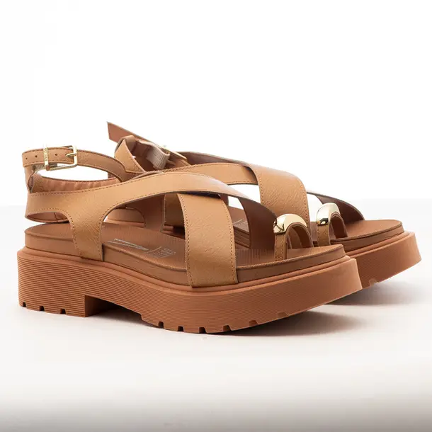Sandália Flat Feminina Plataforma com Fivela .6499122 Napa Areia/Camel