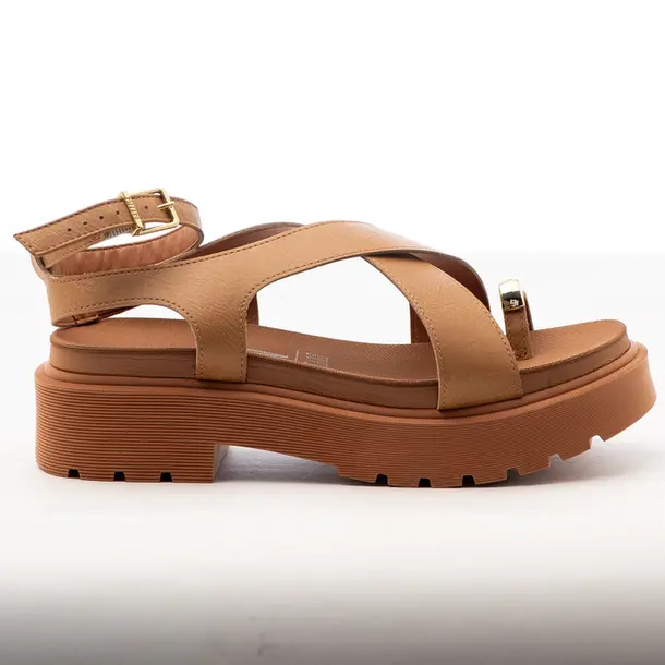 Sandália Flat Feminina Plataforma com Fivela .6499122 Napa Areia/Camel