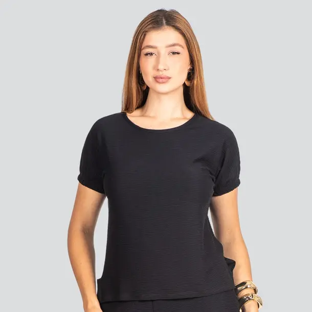 Blusa Feminina Manga Curta Crepe Elise .8092 Preto