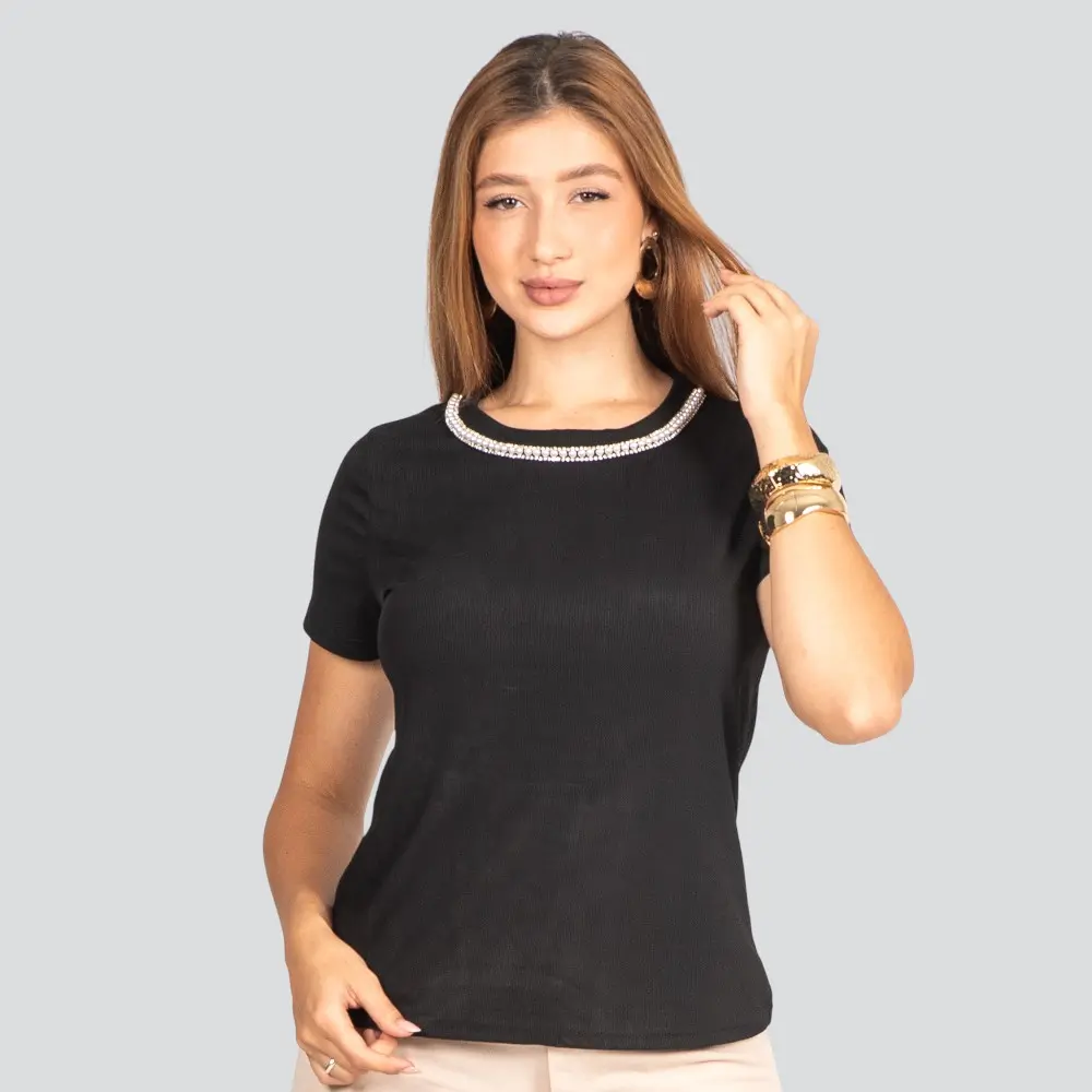 Blusa Feminina Manga Curta Ribana com Aplicação de Pérolas .S-0228