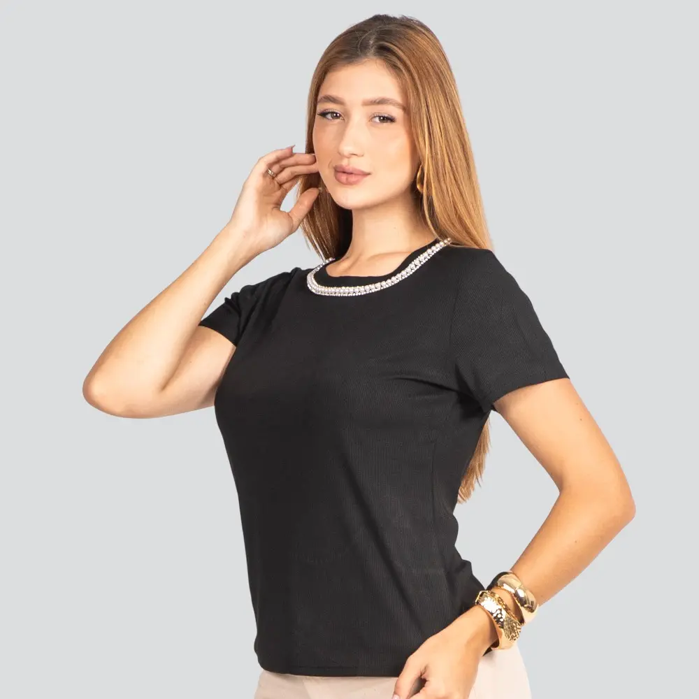 Blusa Feminina Manga Curta Ribana com Aplicação de Pérolas .S-0228