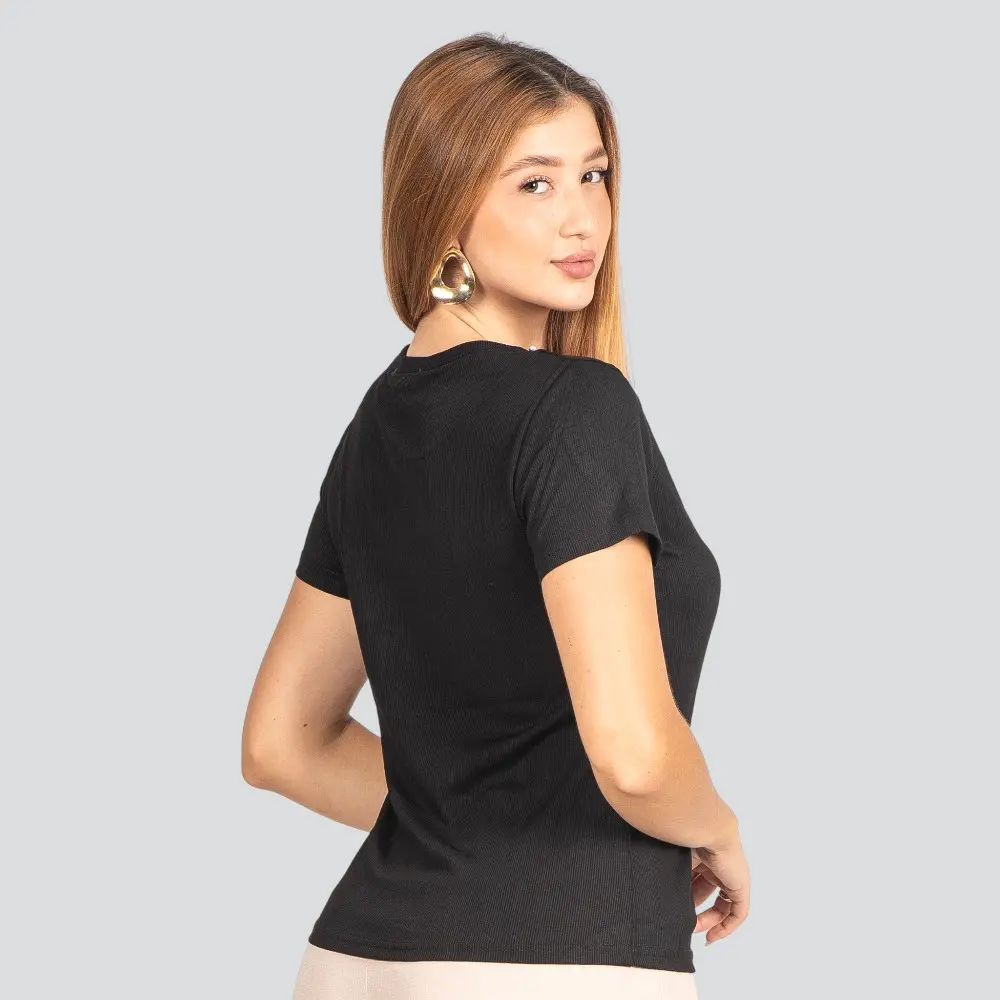 Blusa Feminina Manga Curta Ribana com Aplicação de Pérolas .S-0228