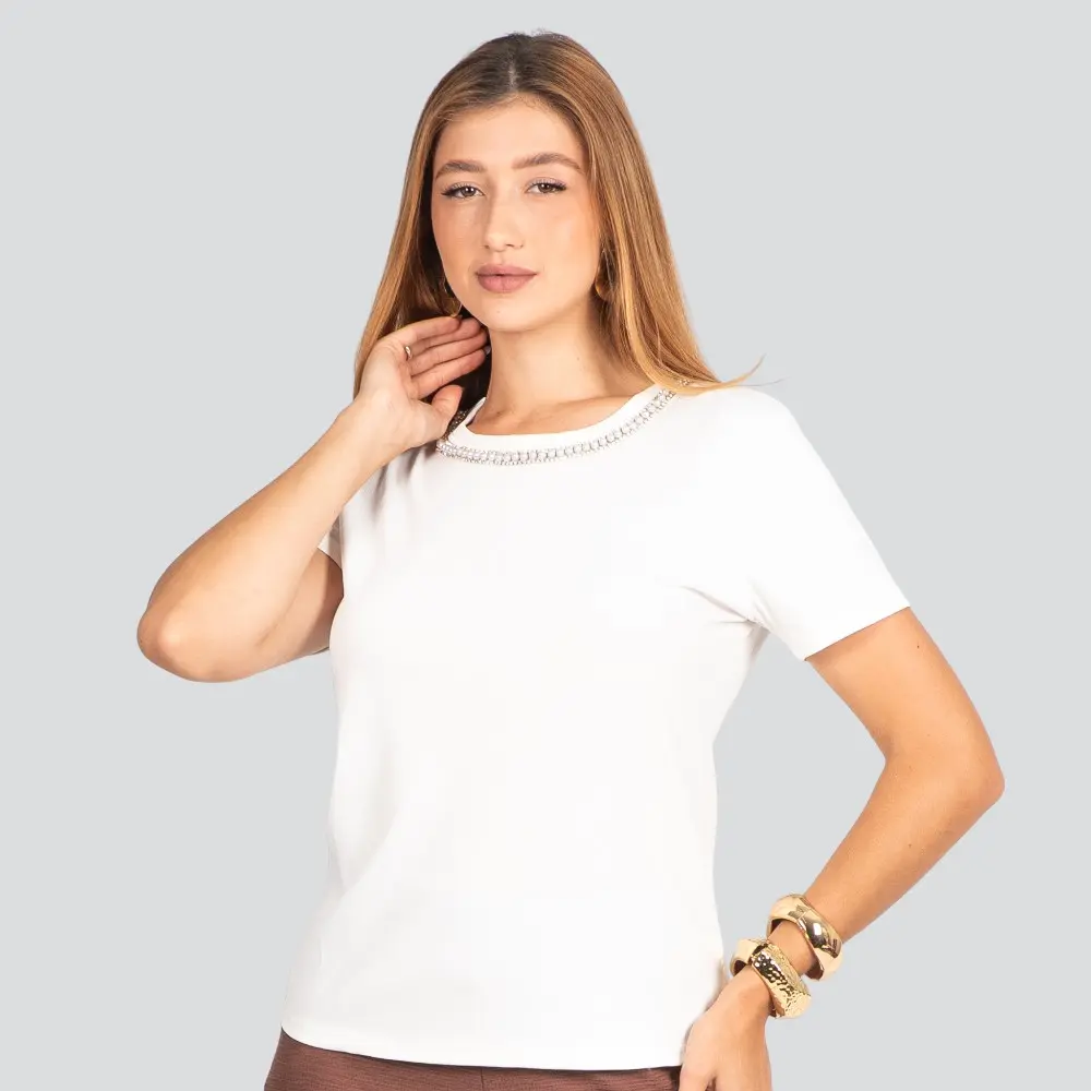 Blusa Feminina Manga Curta Ribana com Aplicação de Pérolas .S-0228