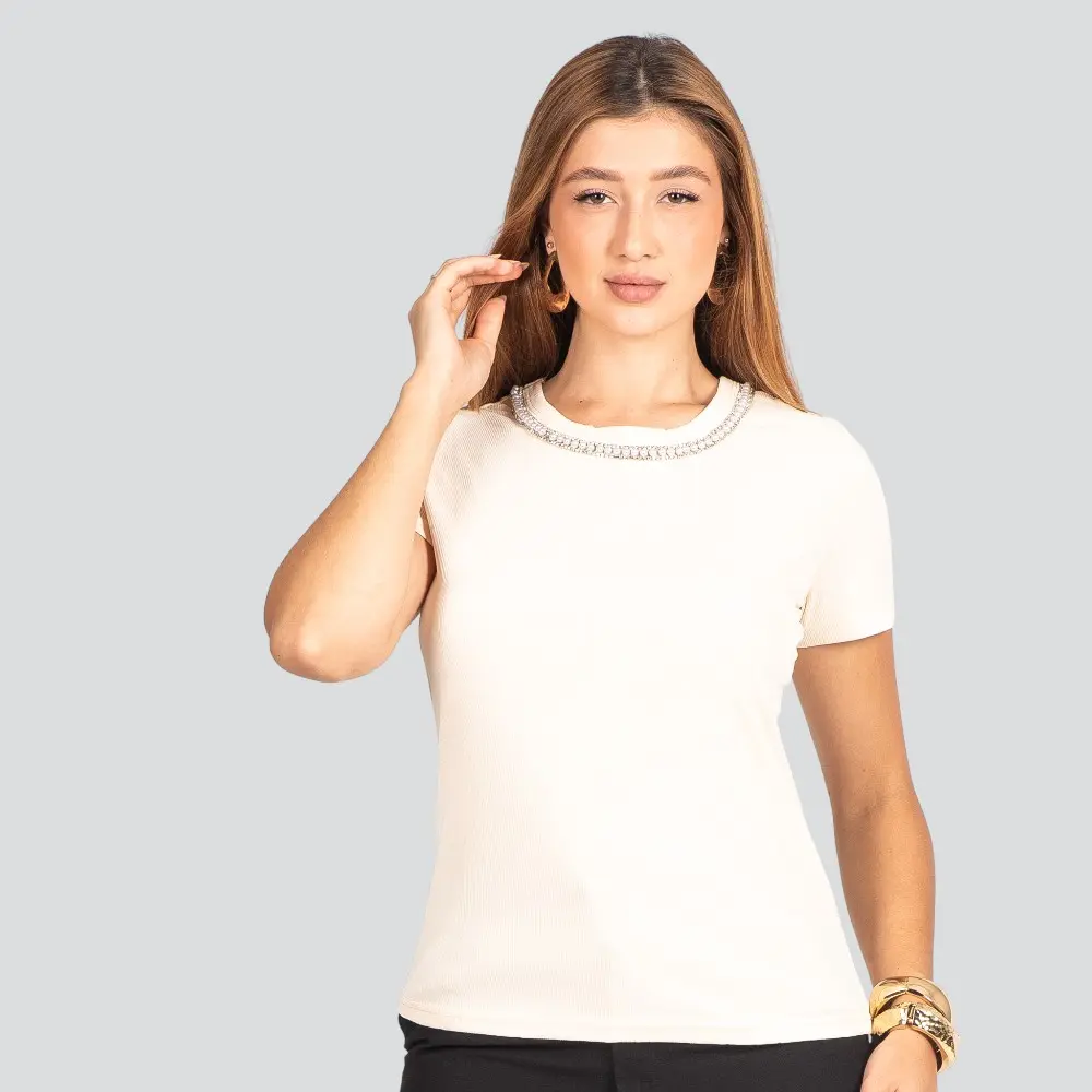 Blusa Feminina Manga Curta Ribana com Aplicação de Pérolas .S-0228
