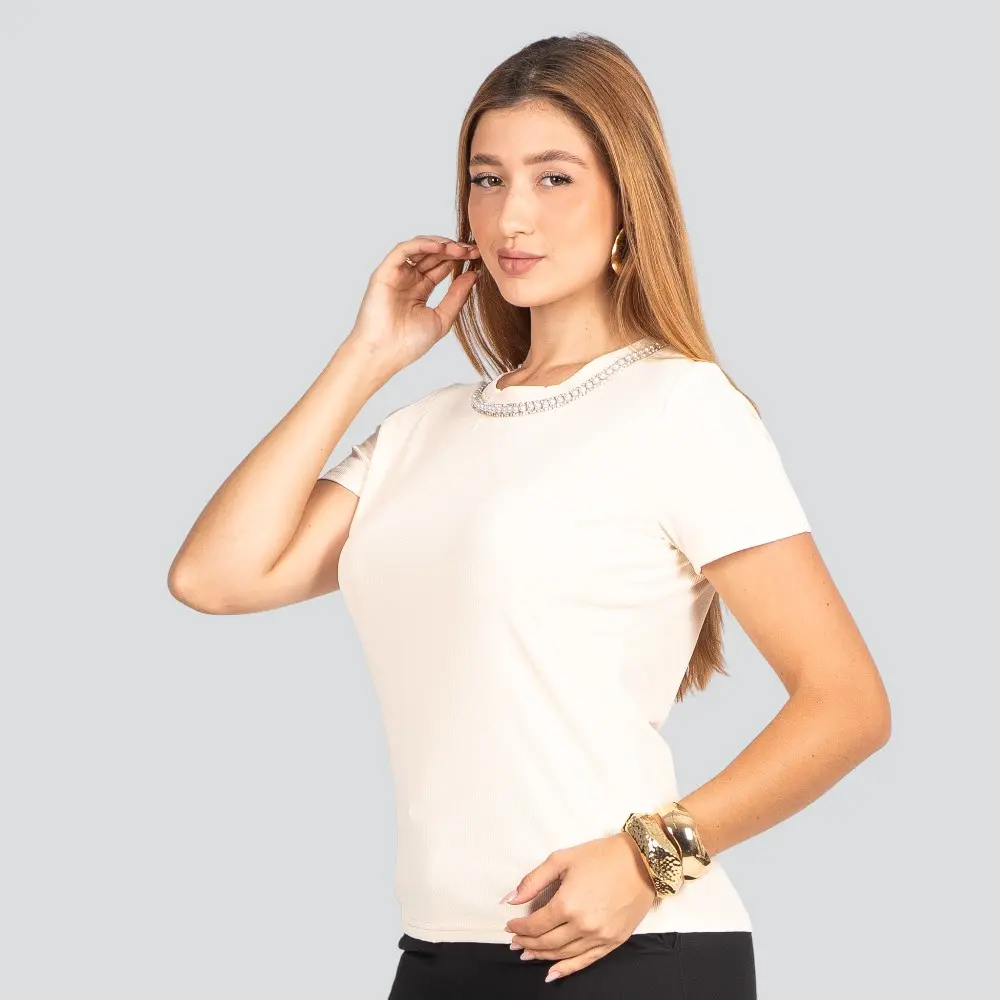 Blusa Feminina Manga Curta Ribana com Aplicação de Pérolas .S-0228