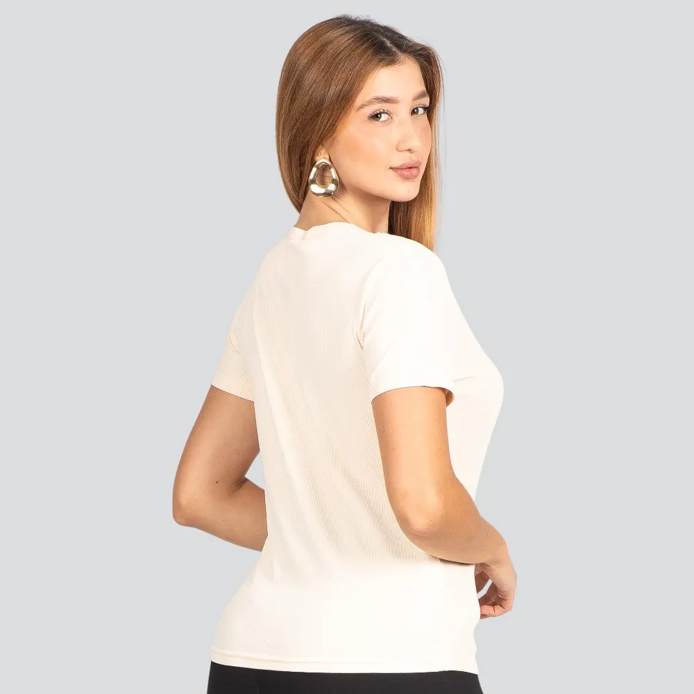 Blusa Feminina Manga Curta Ribana com Aplicação de Pérolas .S-0228