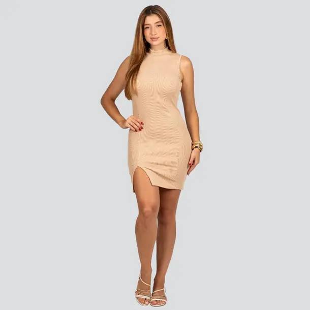 Vestido Feminino Midi Regata Gola Alta Ribana .8130 Bege