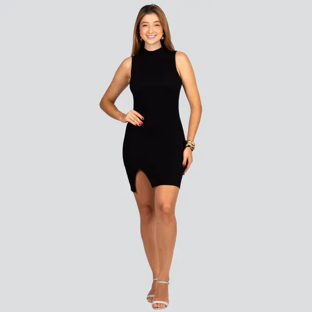 Vestido Feminino Midi Regata Gola Alta Ribana .8130 Preto