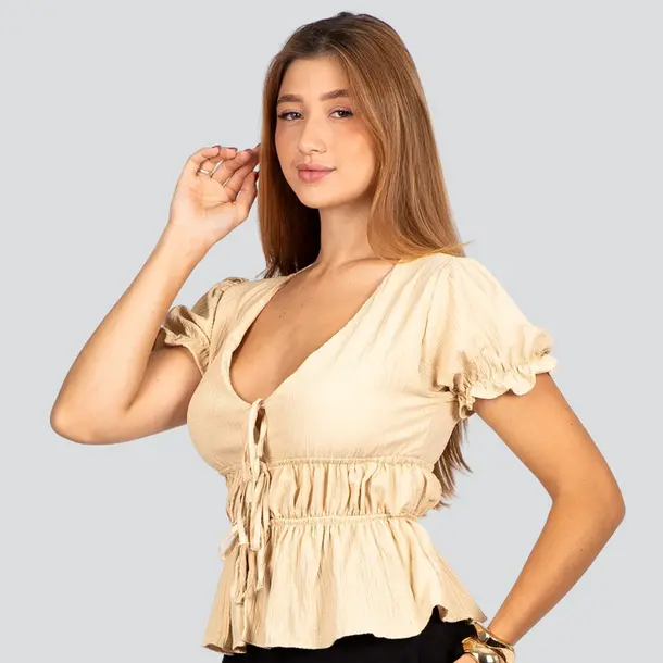 Blusa Feminina Manga Curta com Amarração e Elástico .52143 Amarelo Manteiga