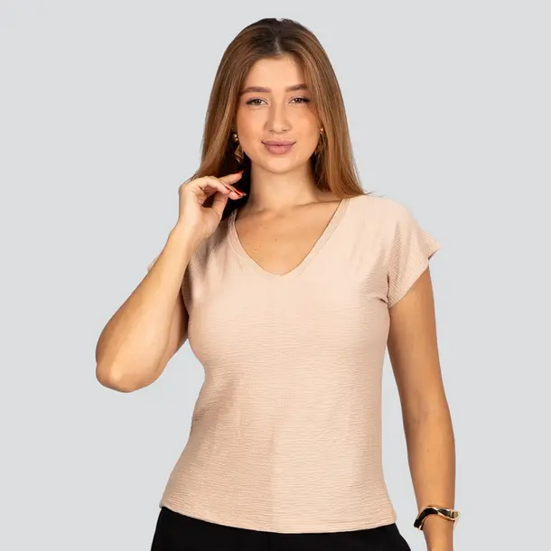 Blusa Feminina Manga Curta Gola V Crepe Elise .8209-V Bege