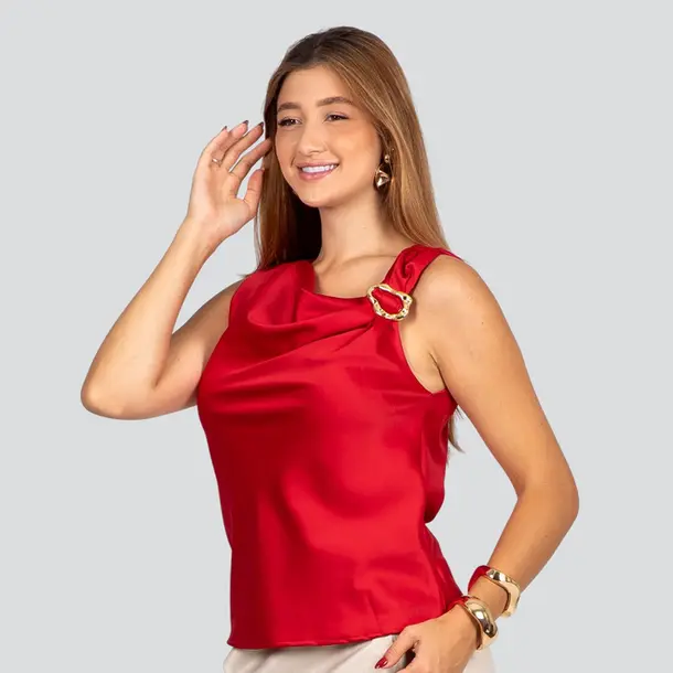 Regata Feminina Acetinada Decote Degagê Com Aviamento .52221 Vermelho