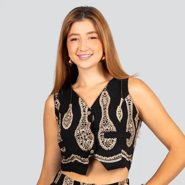 Colete Feminino em Linho com Bordado Lurex .A2928C Preto