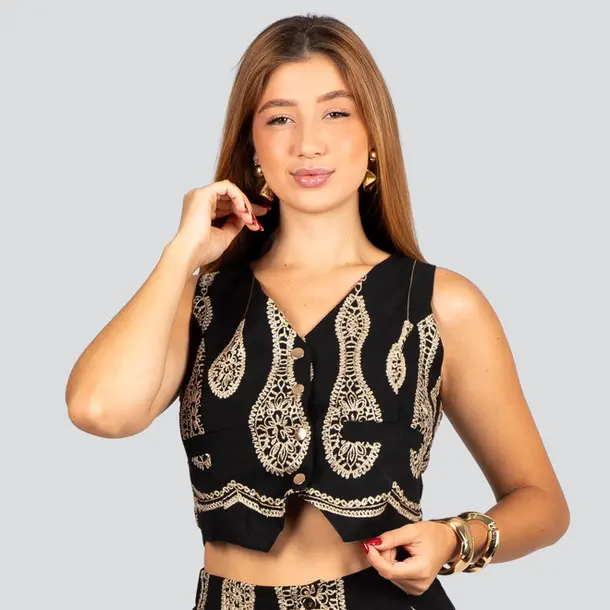 Colete Feminino em Linho com Bordado Lurex .A2928C Preto
