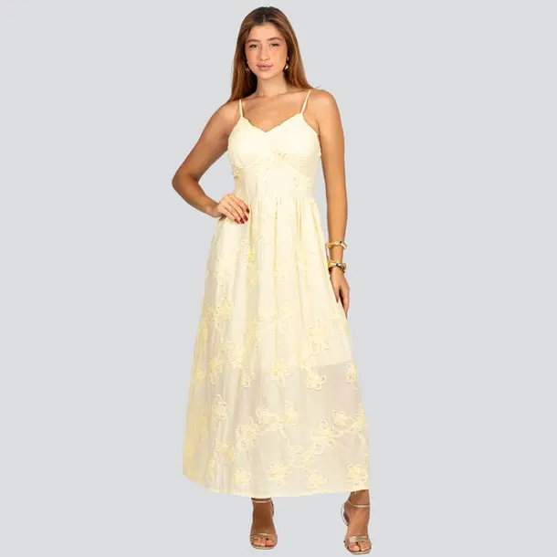 Vestido Feminino Longo de Alça Fina com Bordado Floral .A2920