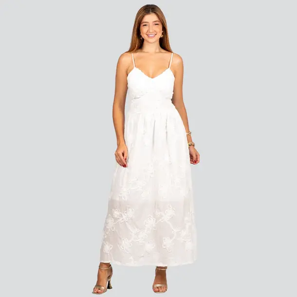 Vestido Feminino Longo de Alça Fina com Bordado Floral .A2920 Branco