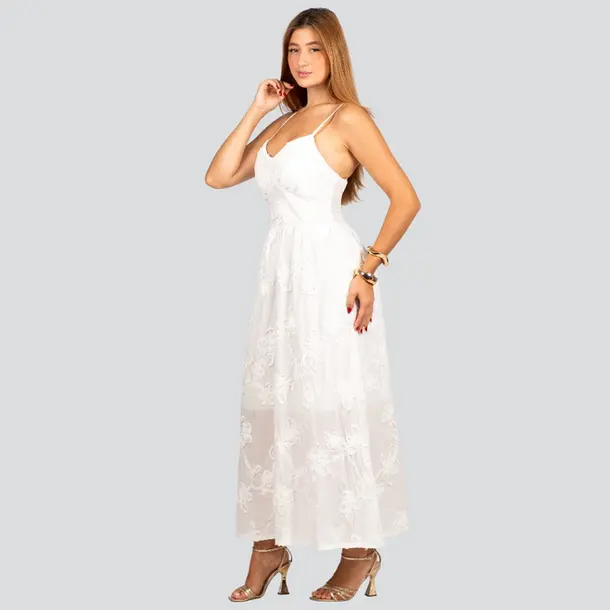 Vestido Feminino Longo de Alça Fina com Bordado Floral .A2920 Branco