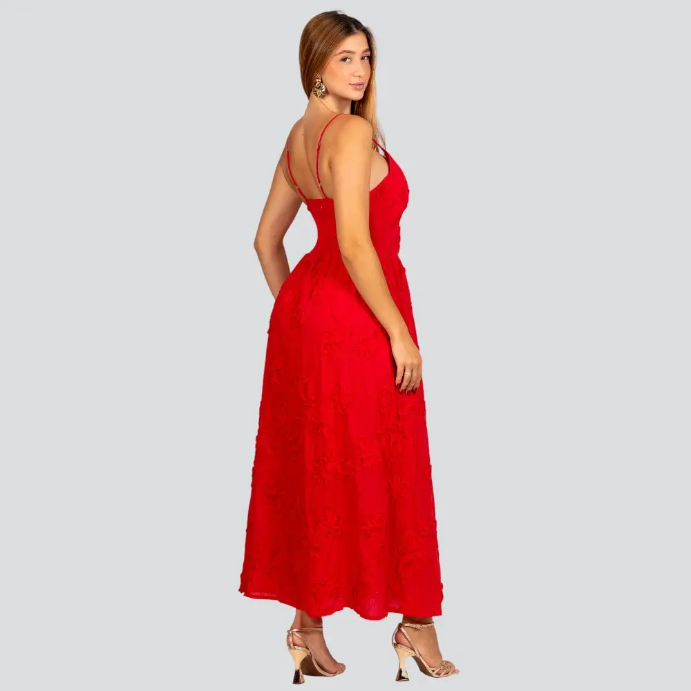 Vestido Feminino Longo de Alça Fina com Bordado Floral .A2920