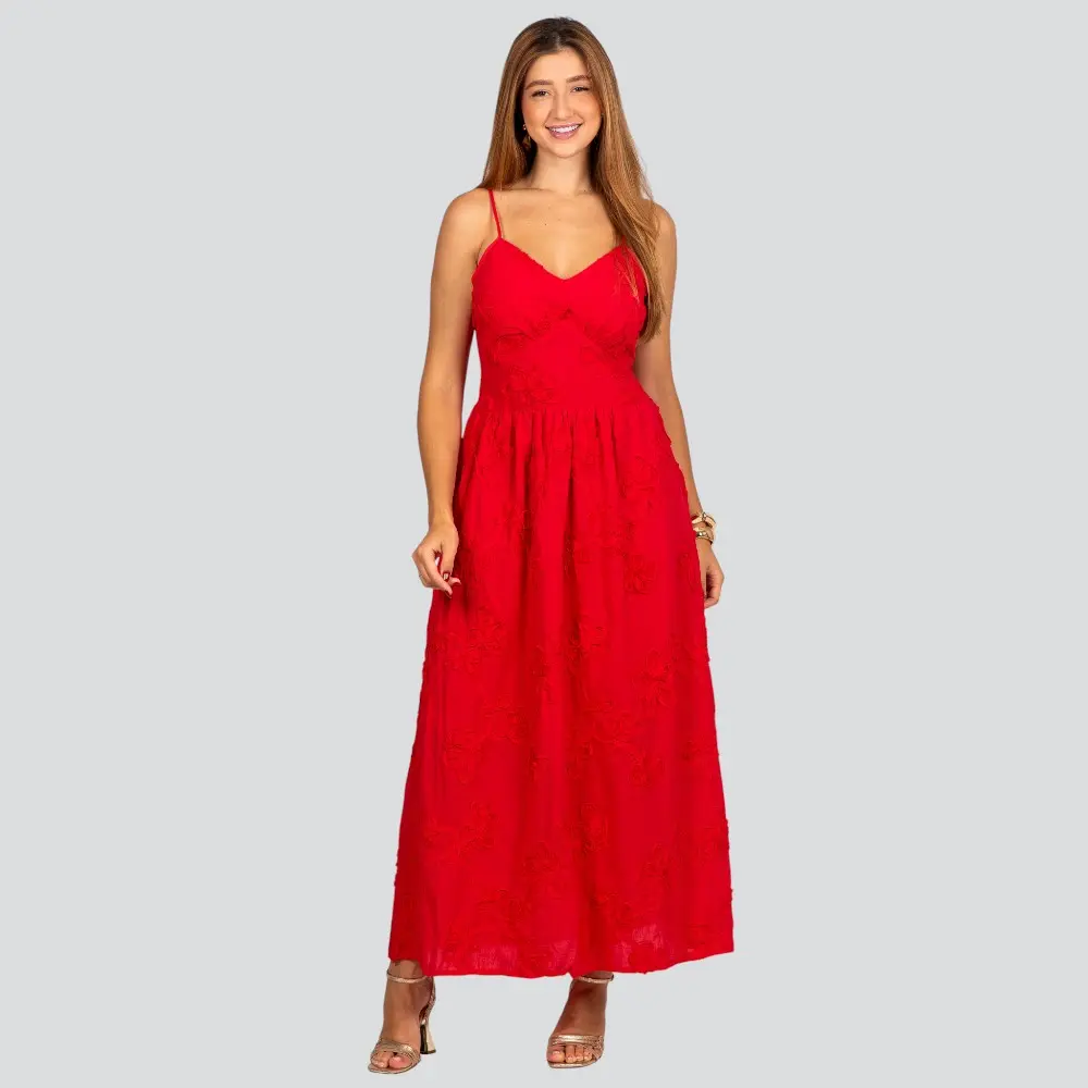 Vestido Feminino Longo de Alça Fina com Bordado Floral .A2920