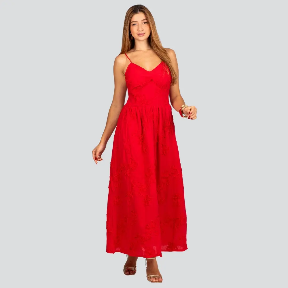 Vestido Feminino Longo de Alça Fina com Bordado Floral .A2920