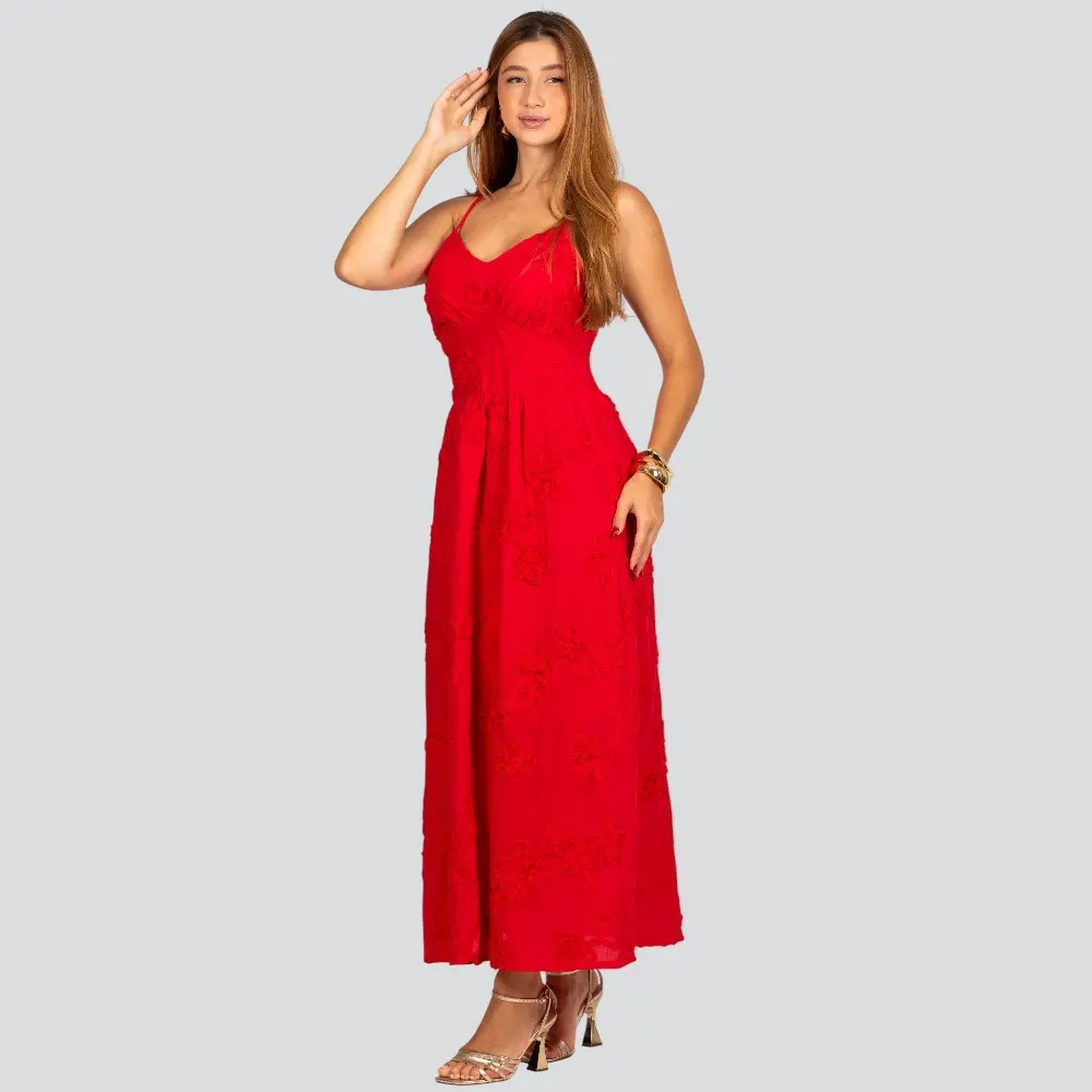 Vestido Feminino Longo de Alça Fina com Bordado Floral .A2920