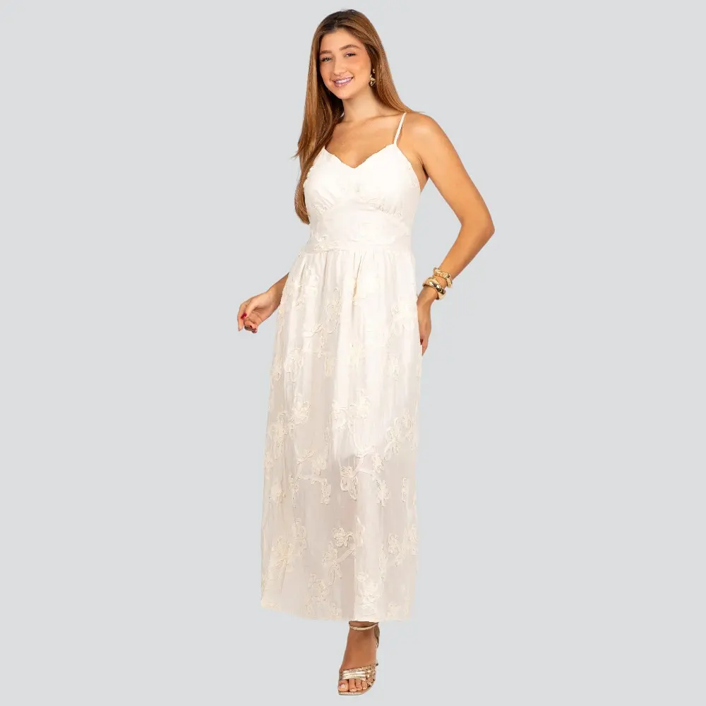 Vestido Feminino Longo de Alça Fina com Bordado Floral .A2920