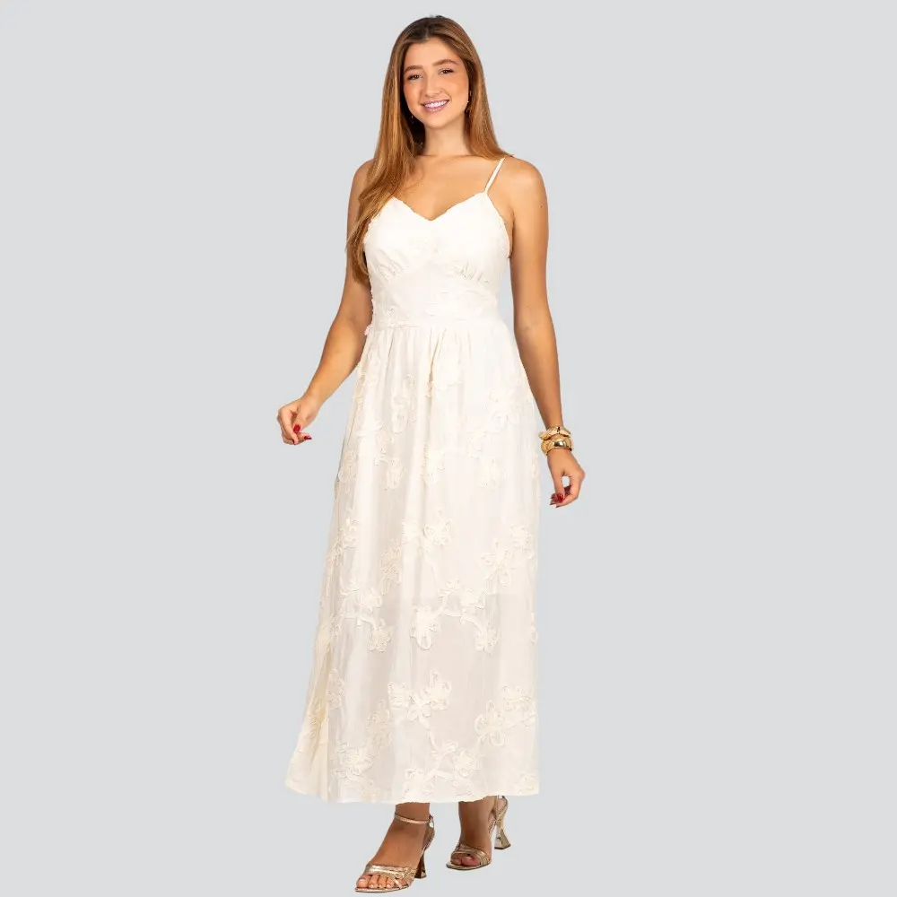 Vestido Feminino Longo de Alça Fina com Bordado Floral .A2920