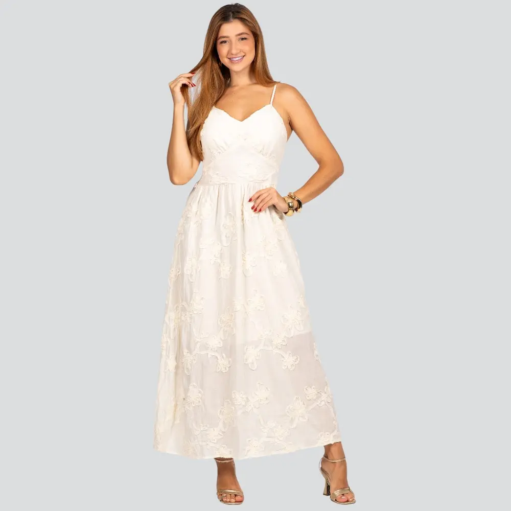 Vestido Feminino Longo de Alça Fina com Bordado Floral .A2920