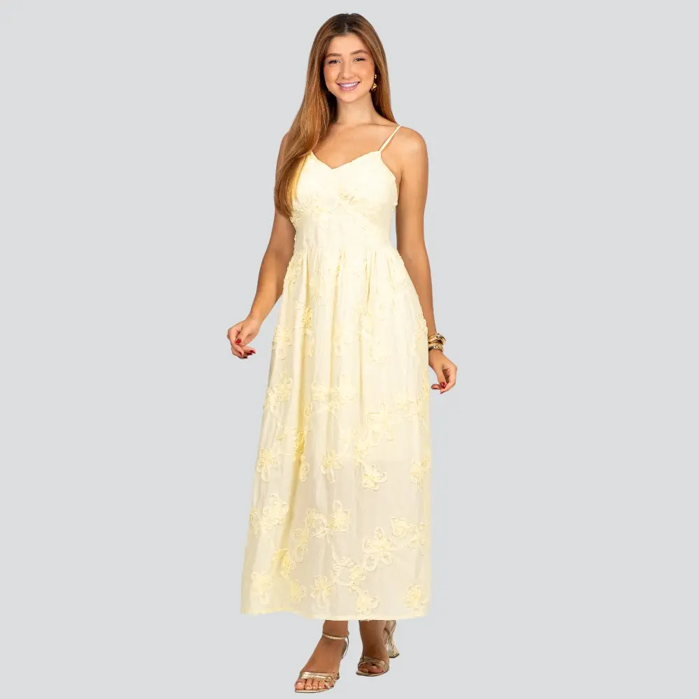 Vestido Feminino Longo de Alça Fina com Bordado Floral .A2920