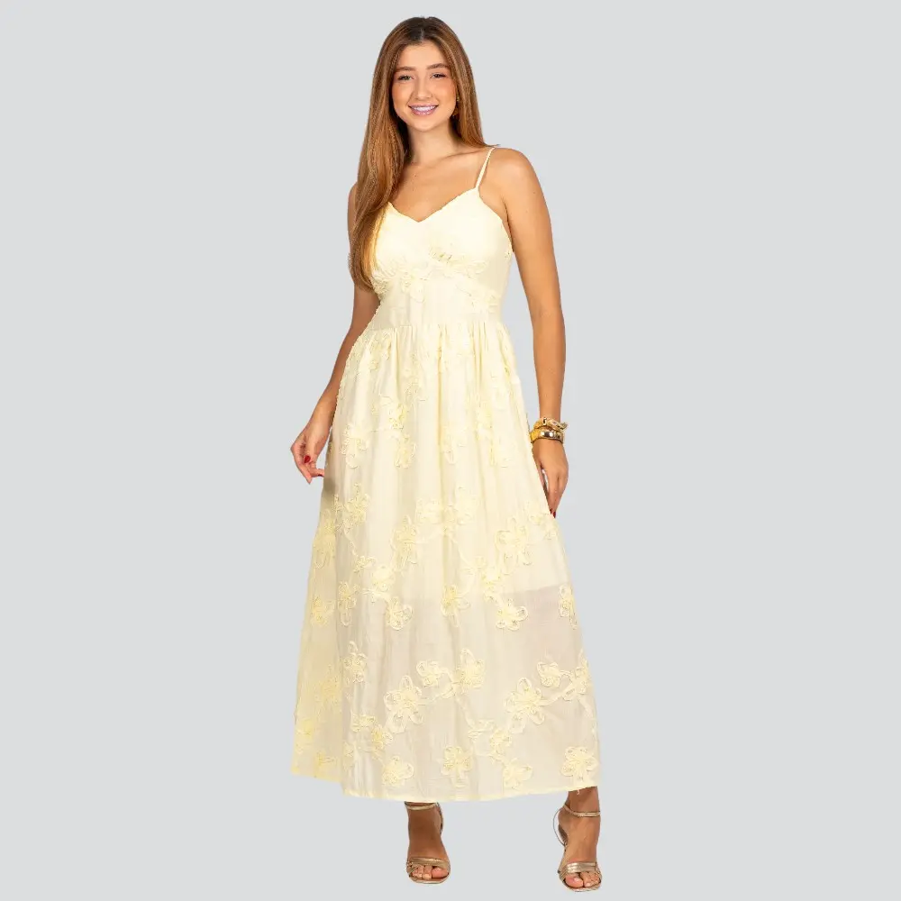Vestido Feminino Longo de Alça Fina com Bordado Floral .A2920
