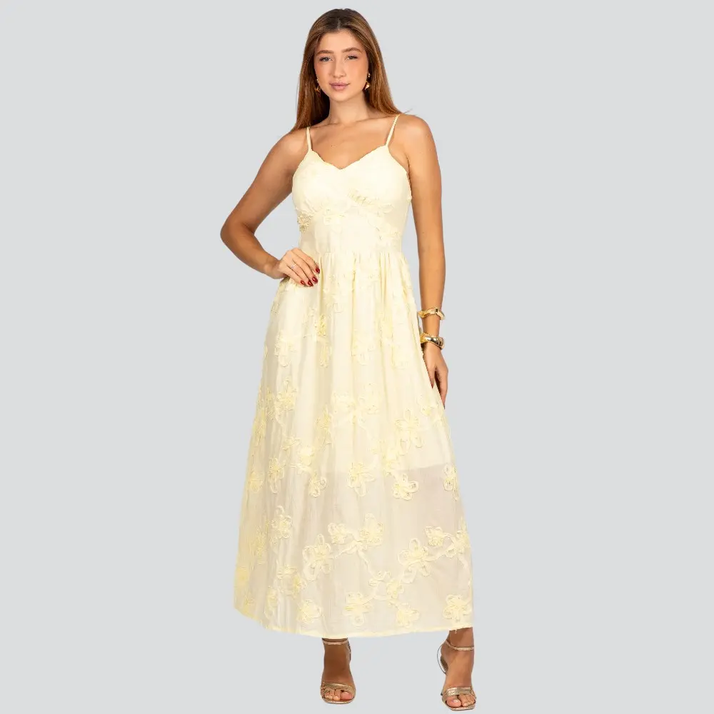 Vestido Feminino Longo de Alça Fina com Bordado Floral .A2920
