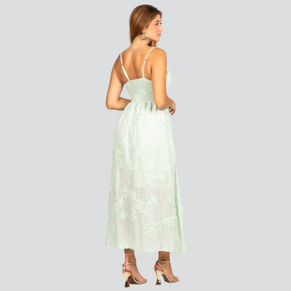 Vestido Feminino Longo de Alça Fina com Bordado Floral .A2920