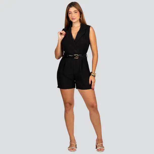 Macaquinho Feminino de Alfaiataria com Cinto .NB680 Preto