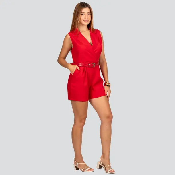Macaquinho Feminino de Alfaiataria com Cinto .NB680 Vermelho